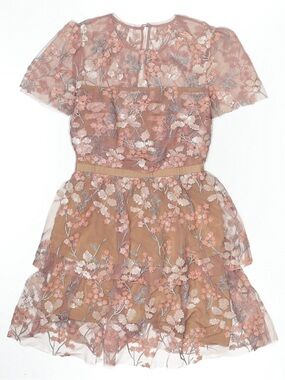 Pink Floral Embroidered Tiered Dress